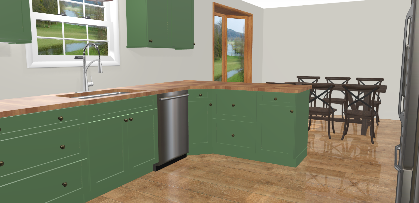 Green kitchen 3D design example showing peninsula, sink and dining area