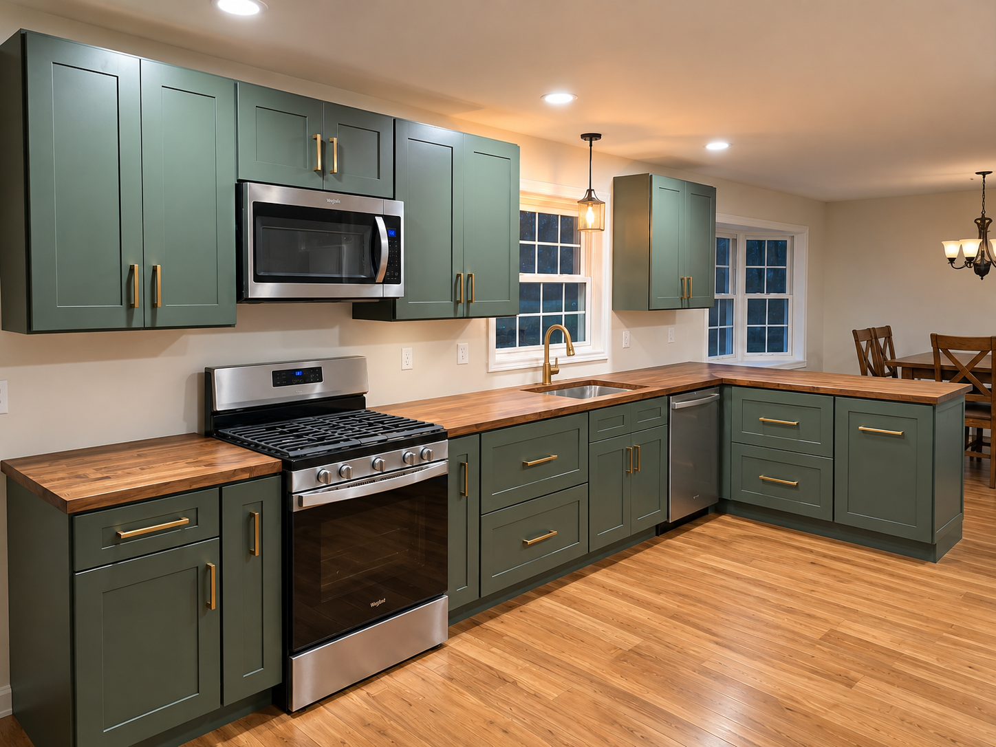 Finished green kitchen photographed after installation